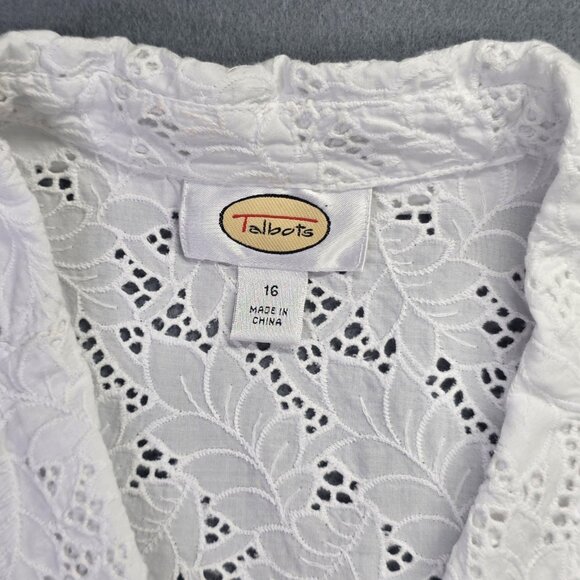 Talbots Shirt Womens 16 White Eyelet Lace Floral Top Scallop Hem Cottage Office - Picture 3 of 11